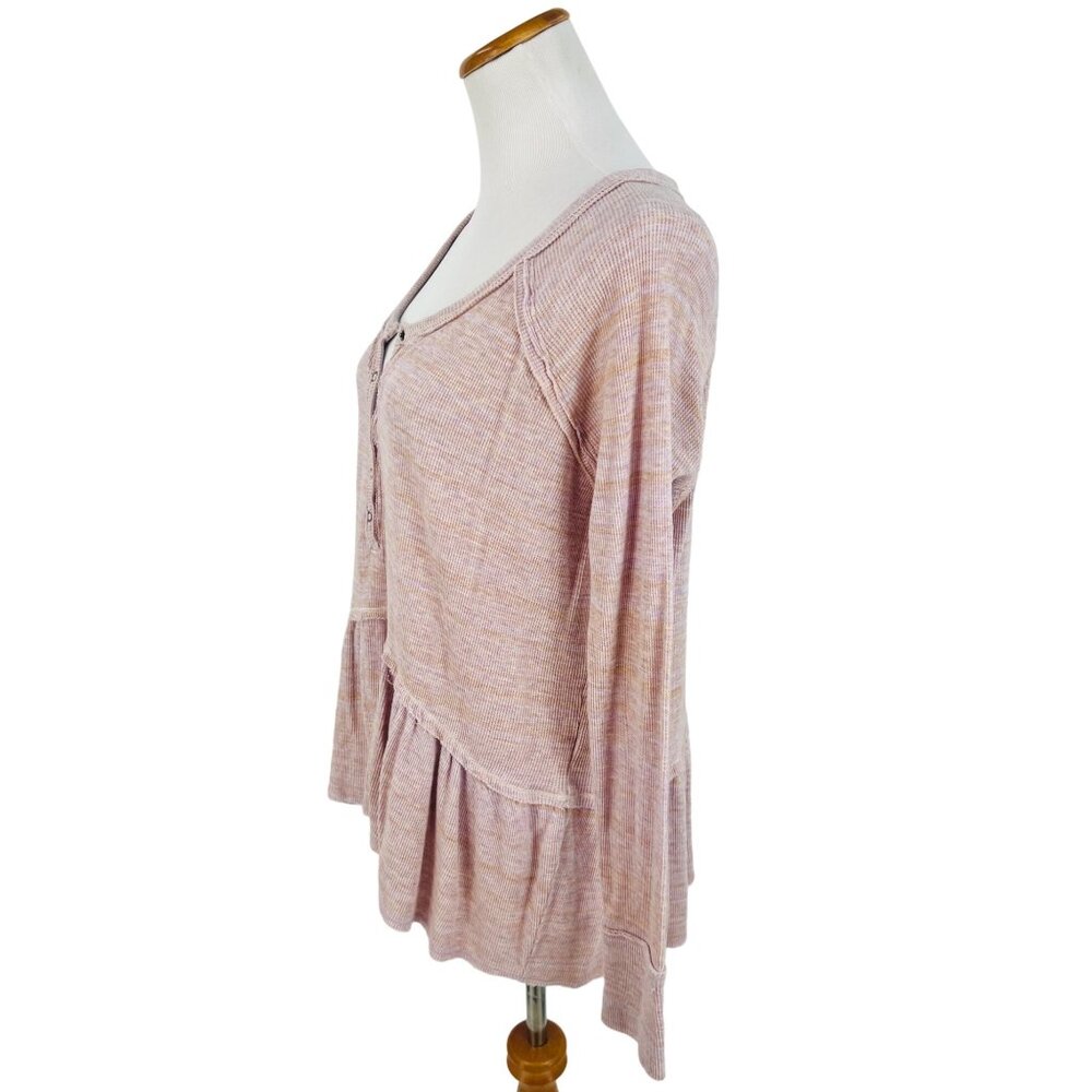 Free People Casual Boho Waffle-Knit Long Sleeve Lavender Ruffled Hem Flowy Top - Picture 8 of 16